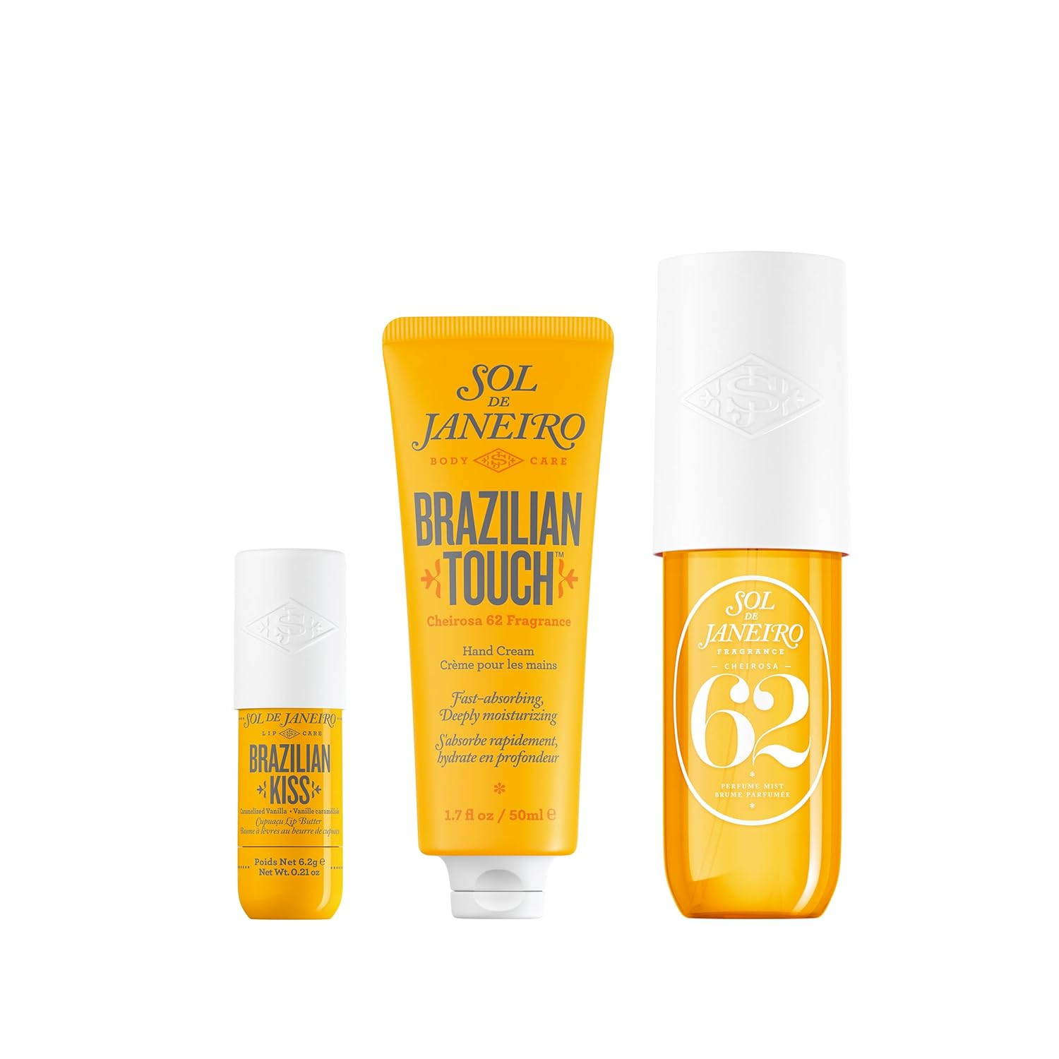 Sol de Janeiro Travel Size Bundle - Brazilian Kiss Lip Butter, Touch Hand Cream & Cheirosa 62 Mist 3.0 fl oz
