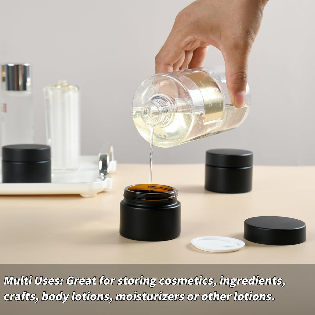 YONKAN 2 oz Reusable Black Glass Container Jars 24 Pack with Wide-mouth Leak Proof Cap and Inner Pull-On Lid for Travel Storage Makeup, Face Creams, Body Lotions, DIY Crafts or Others