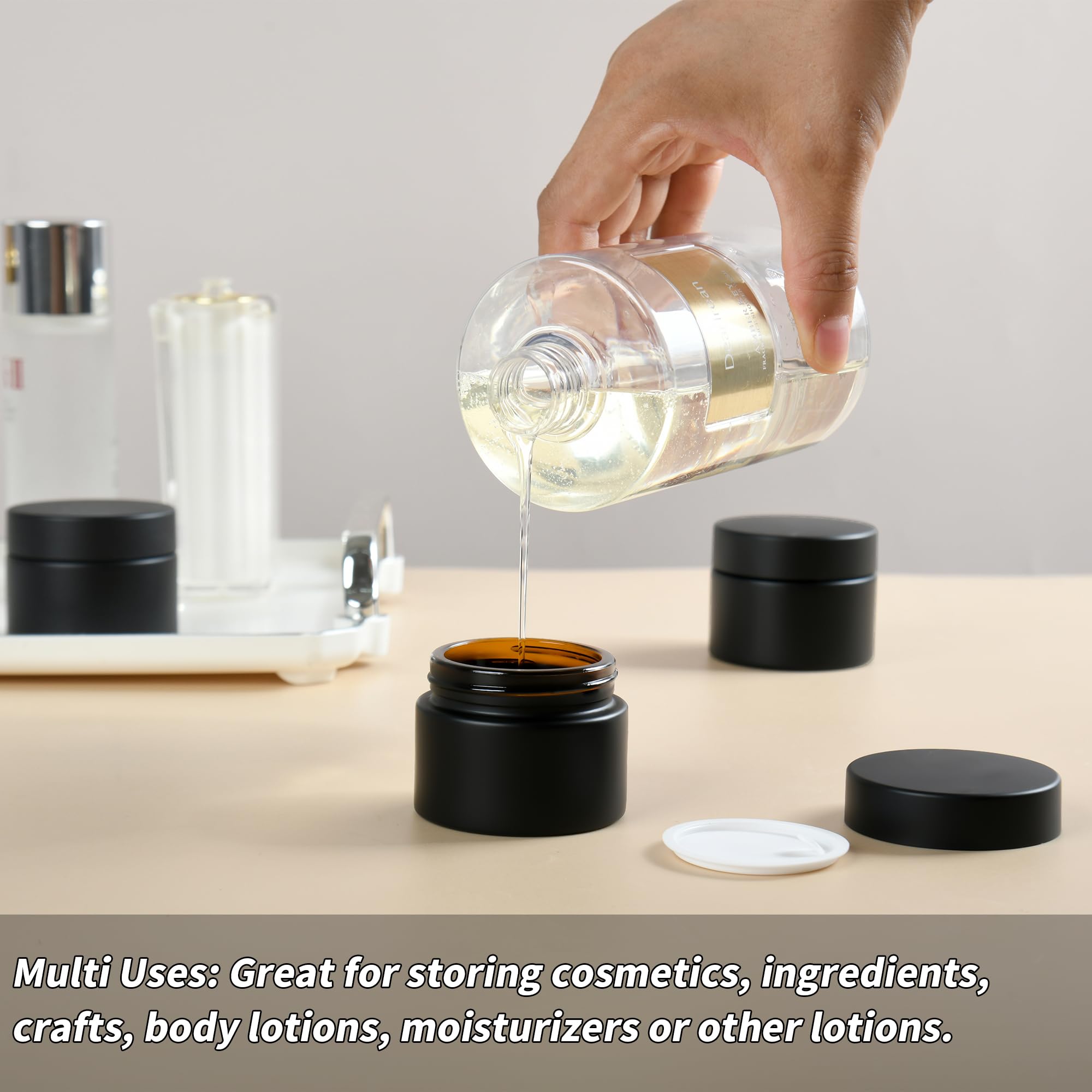 YONKAN 2 oz Reusable Black Glass Container Jars 24 Pack with Wide-mouth Leak Proof Cap and Inner Pull-On Lid for Travel Storage Makeup, Face Creams, Body Lotions, DIY Crafts or Others