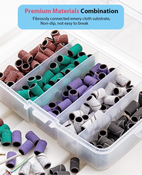 Nail Drill Bits Sanding Bands for Nail Drill, Lumcrissy Sanding Band with Storage Box,Include 250 Superfine Grinding Wheel Sand Bands and 3 Pieces Mandrel for Most Size 3/32" Nail Drill