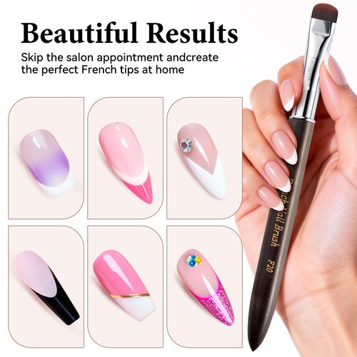 Lucoffeoi Nail Art Brush,2-in-1 French Tip and Cuticle Cleanup Brush for Gel Polish,Professional Nail Tool with Wooden Handle（French F18）