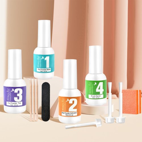 Honey Joy Dip Powder Liquid Set - 4pcs Nail Dip Liquid Set with Activator, Base Coat, Top Coat, and Brush Saver 15ml/0.5Fl.oz for Home DIY Salon Art