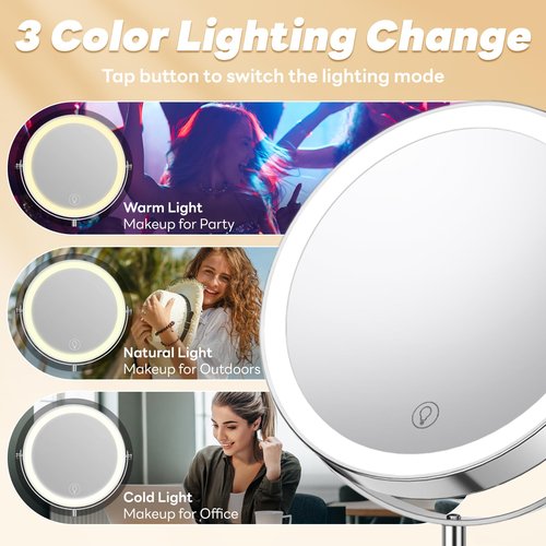 DYETUNY 10x/1x Lighted Vanity Makeup Mirror, 2000mAh Rechargeable Height Adjustable Double Sided, Magnifying Mirror with 3 Color Light, Brightness Adjustable, 360° Rotation, Women Gift