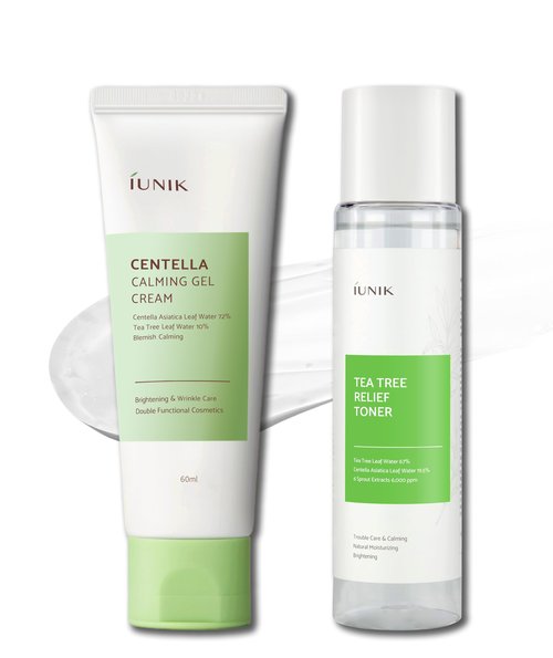 IUNIK Centella Calming Gel Cream & Tea Tree Relief Toner Vegan Moisturizing Hydrating Skincare for Sensitive Oily Acne-prone Skin Breakout Blemish Redness Care Korean Skincare