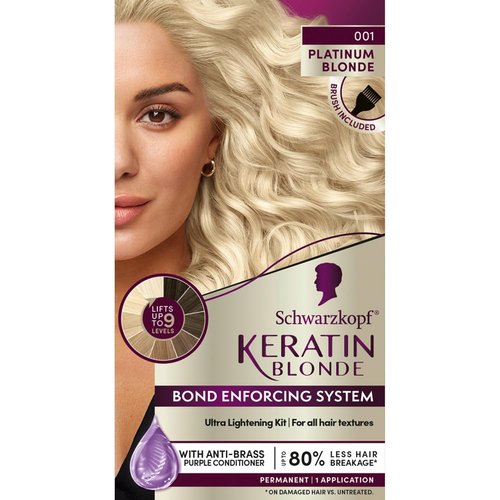 Schwarzkopf Keratin Blonde Hair Dye - 001 High Lift Platinum Blonde | Professional Permanent Color with Bond Enforcing System & Purple Conditioner