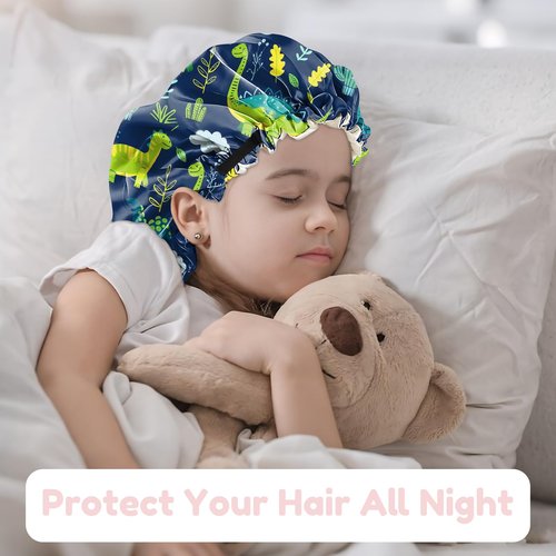 BHAHB 2 PCS Kids Bonnets for Girls Boys Satin Silk Hair Bonnets Double Layer Elastic Adjustable Hair Caps for Sleeping Reusable Cute Aesthetic-Shark Dinosaur