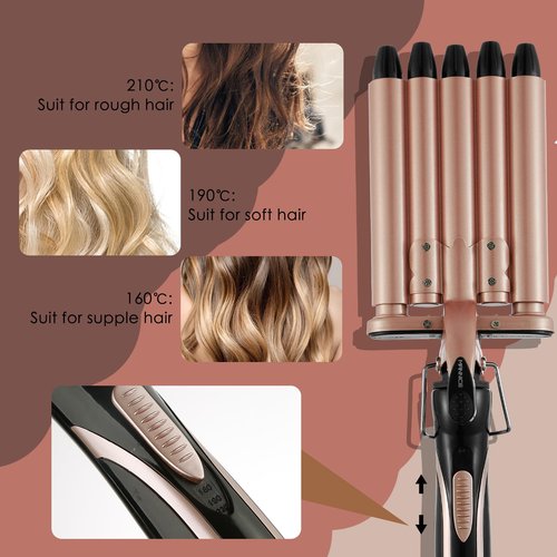 5 Barrel Hair Crimpers and Wavers, Fast Heat 15mm Portable Wand for Long Hair, Adjustable Two-Gear Temperature Wavy Curler (Gold)