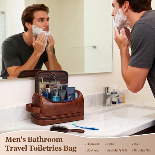 Ecttunafe Toiletry Bag for Men,Personalized Travel Toiletry Bag for Men,Hanging Toiletry Organizer Bag for Men’s Traveling,Water Resistant Toiletries Travel PU Leather Shaving Kit,Gifts for Men (A)