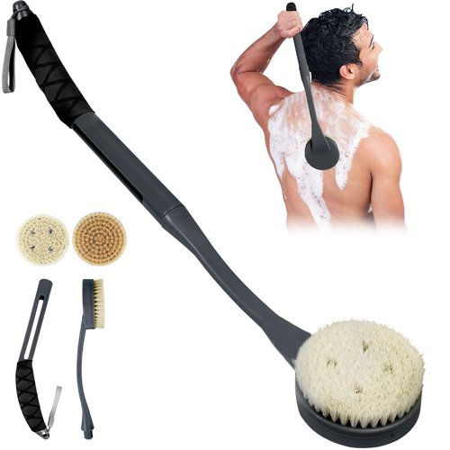 Back Scrubber for Shower, 20.5" Anti Slip Long Handle Bath Brush, Back Brush with Stiff and Soft Bristles Detachable Heads, Showering Exfoliator for Women, Men, Elderly