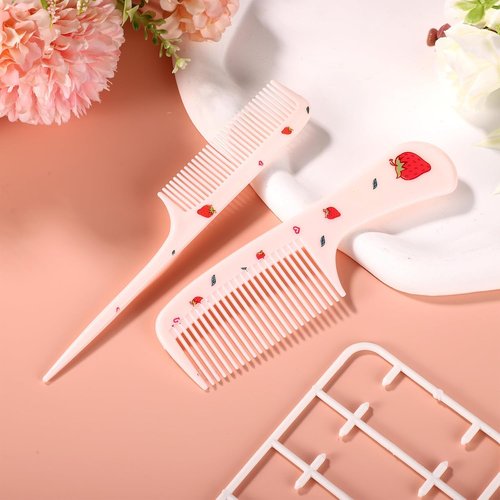 Skiennix Cute Hair Comb Set - Pink Strawberry Fine Tooth & Rat Tail Combs for All Hair Types
