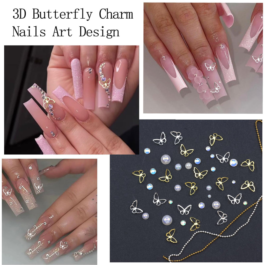 VOTACOS Flatback Nail Art Pearls and Rhinstones - Flower Bow Charms with Gel Glue - Gold, Silver, Butterfly Colors - Women's Acrylic Nail Decorations