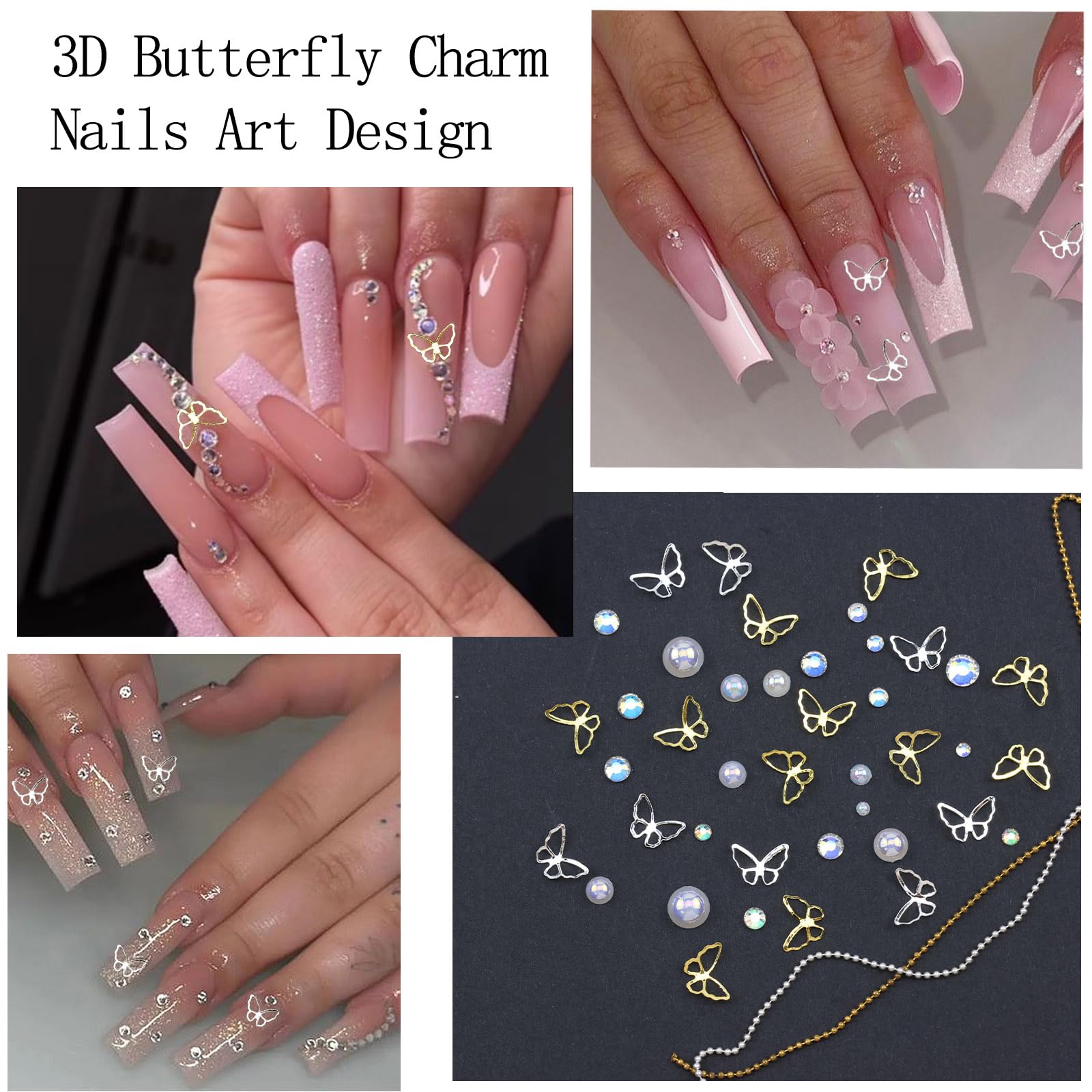 VOTACOS Flatback Nail Art Pearls and Rhinstones - Flower Bow Charms with Gel Glue - Gold, Silver, Butterfly Colors - Women's Acrylic Nail Decorations