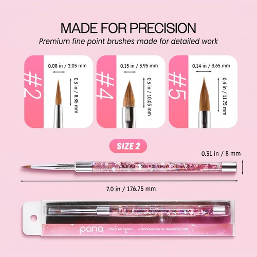 PANA 3D Kolinsky Nail Art Brush - Pink Glitter Handle, Size 2 - Acrylic Nail Art Sculpture Brush for Manicures Pedicure Salon Professional or Beginner