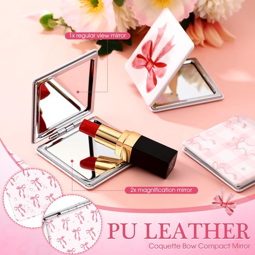 Geelin 6 Pcs Coquette Pink Bow Compact Mirror Bulk for Purse Small Pocket 1X/2X Magnifying Portable Makeup Double Sided Travel Mirror Aesthetic Preppy Gift for Women Girl Bridal Shower Party (Square)