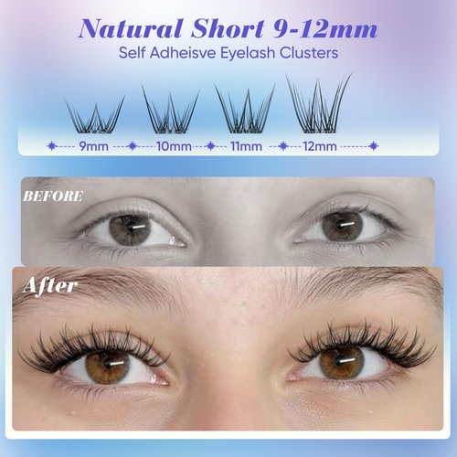 Self Adhesive Eyelashes Natural Self Adhesive Cluster Lashes No Glue Wispy Eyelash Clusters Pre Glued Short 9-12mm Manga Lash Cluster Press on Individual lashes by zenotti