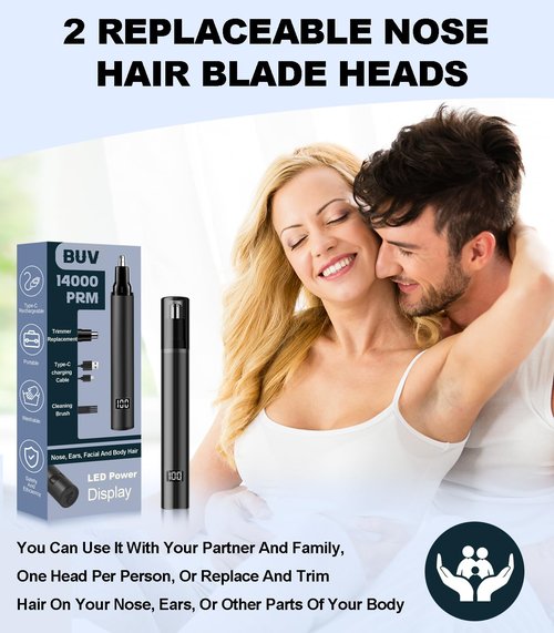 BUV Nose Hair Trimmer with LED Display- 2025 Professional Painless Ear Hair Trimmers for Men and Women, USB Rechargeable Nose Hair Trimmer Clipper, Black