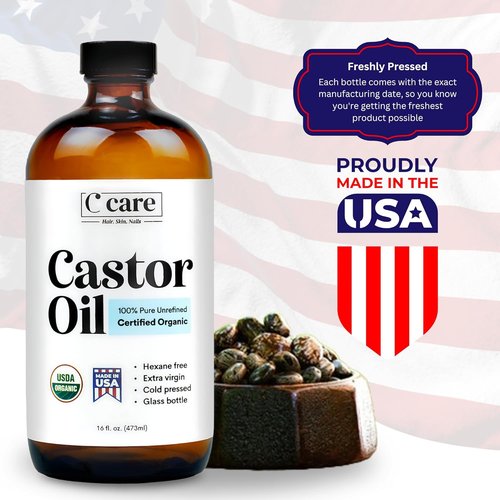 Castor Oil 100% Pure Organic - Cold Pressed Unrefined Glass Bottle | USDA Certified | 16oz for Hair Growth & Skin