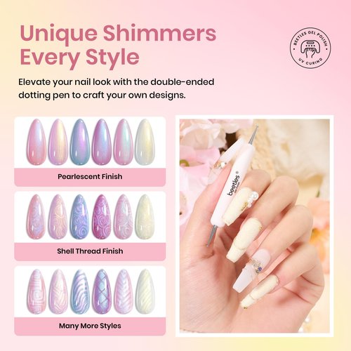 Beetles Pearl Gel Nail Polish, 6 Colors Shimmer Pearl White Pink Purple Mermaid Nail Drawing Spring Gel Polish Soak Off Uv Gel Polish Swirl Shell Thread Effect DIY Manicure Nail Art Gifts for Women