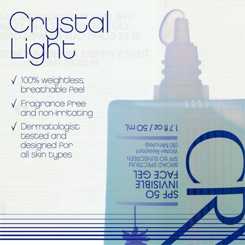 Vacation Crystal SPF 50 Face Gel, Clear Sunscreen, Hydrating & Nourishing, Water-Resistant, Fragrance-Free, Travel Size, 1.7 Fl. Oz.