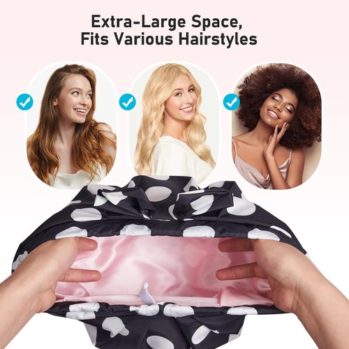 LitBear Luxury Silk Lined Shower Caps for Women Reusable Waterproof, Double Layered Large Bathing Hair Cap with Adjustable Elastic Strap, Non-slip, Quick-dry, for Long Short Hair, Black Dots