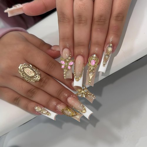 Pizadix 110 Pcs Gold Pink Nail Charms Y2K with Heart, Cherries, Bows, Butterflies, Guns, Crosses, Dollars