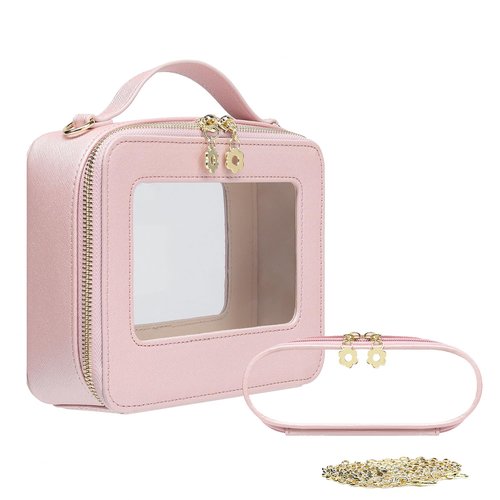 Jorebill Waterproof Cosmetic Bag with Makeup Brush Bag, Leather Travel Makeup Bag with handle, Crossbody Shoulder Bag with metal detachable shoulder strap for Women (pearl pink)