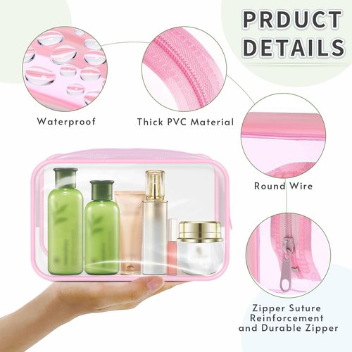 GONITYOU 16 Pieces Clear Makeup Bags Bulk, TSA Approved Toiletry Bags Travel Pouch, Waterproof PVC Plastic Small Clear Cosmetic Bags with Zipper for Organizing (Pink Border)
