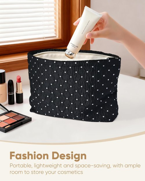 Ksriylm Cute Black Polka Dots Makeup Pouch for Women Small Wave Point Make Up Bag for Zipper Initial Cute Canvas Makeup Cosmetic Bags Pouches for Purse Aesthetic Travel Toiletry