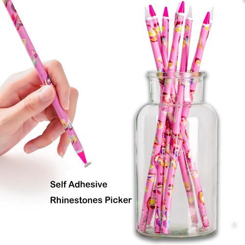 17Pcs Rhinestone Picker Tool Kit, Self-Adhesive Wax Pencil for Rhinestones and Diamond Painting, Jewel Picker Tool Dotting Tools for Nail Art, Little Nail Gem Tool with 8 Rhinestone Tray Nail Tweezers