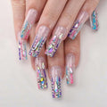 MqpQ Long Square Press On Nails With Rhinestones Luxury Rainbow Extra Fake Nails 24pcs Glossy Full Cover False Nails For Women And Girls