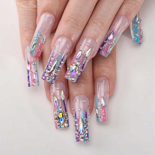 MqpQ Long Square Press On Nails With Rhinestones Luxury Rainbow Extra Fake Nails 24pcs Glossy Full Cover False Nails For Women And Girls