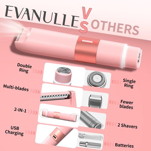 Bikini Trimmer for Women - 2 in 1 Painless Electric Razors for Women, IPX7 Waterproof Rechargeable LED Dual Head Electric Shaver for Lady Bikini Underarm, Body, Leg, Face Hair Remove (Light Pink)