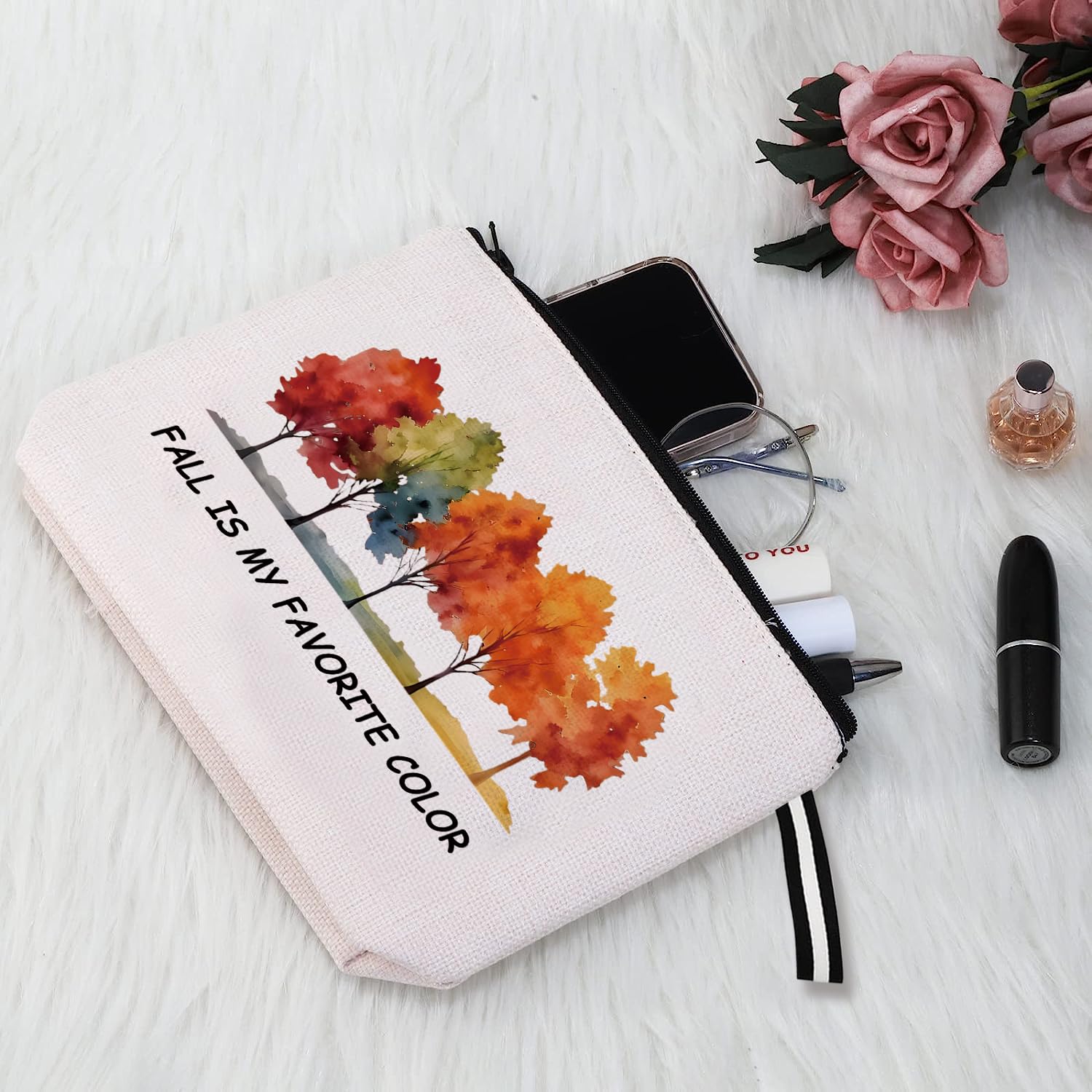 WLWLGLUCK Autumn-Inspired Cotton-Linen Portable Cosmetic Bag with Waterproof Surface - Fall is My Favorite Color Autumn Themed Makeup Bag for Her