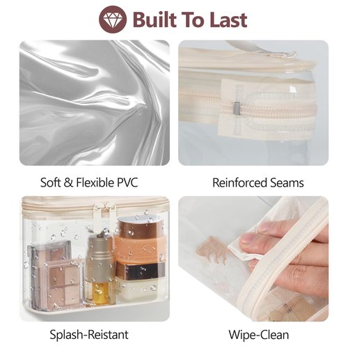 PACKISM TSA Approved Toiletry Bag 2 Pack - Quart Size Clear Makeup Bag with Handle & Dual Metal Zippers, Large Opening 3-1-1 Airline Compliant Security Travel Organizer for Carry On Liquids, Beige