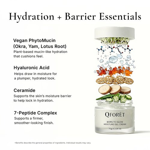 QFORET Born to Glow Face Moisturizer – Hydrating & Firming Gel Cream, Fragrance-Free Makeup Prep, Vegan Mucin + Ceramide + Peptides, K-Beauty, 2.36 fl oz