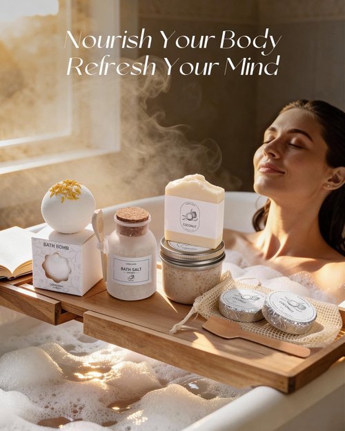 Coralogo Coconut Spa Gifts for Women - 12pc Self-care Spa Gift Basket with Bath Salt, Greeting Card - Thinking of You Basket for Her Birthday, Christmas, Mother's Day, Valentine's Day