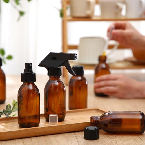 Honeydak 8 Set 4 oz Amber Glass Spray Bottles Kit Small Empty Spray Bottle for Essential Oil Mini Fine Mist Spray Bottle with Nozzle Dropper Label Refillable Container for Cleaning Solutions Skin Care
