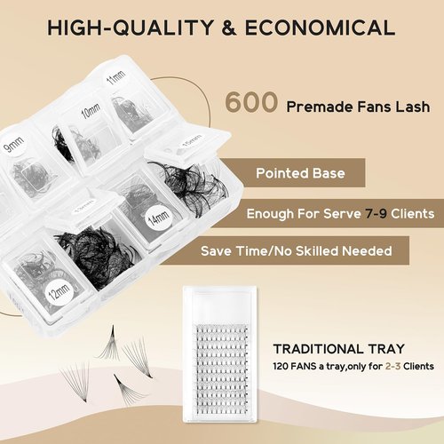 Premade Lash Fans 600 Fans 10D Handmade Premade Fans Lash Extensions 0.07mm Thickness 8-15mm D Curl Premade Fans Eyelash Extension Middle Stem Promade Lashes Fans (600Fans-10D-0.07D,8-15mm)