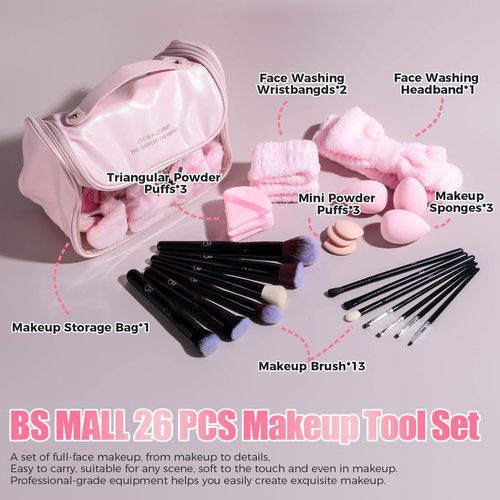 BS-MALL Makeup Brush Set with Waterproof Travel Bag & Makeup sponges -26 Pcs Set Triangle Puff & Face Washing Puffs,Face Wash Headband Wristband for Travel Go Camping Gift & Makeup Beginners (Pink)