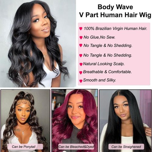 draconenee V Part Wig Human Hair 14 inch Upgrade U Part Wigs Body Wave for Black Women Beginner Friendly No Sew In and No Leave Out Glueless Brazilian Virgin Hair Natural Black Color 180% Density