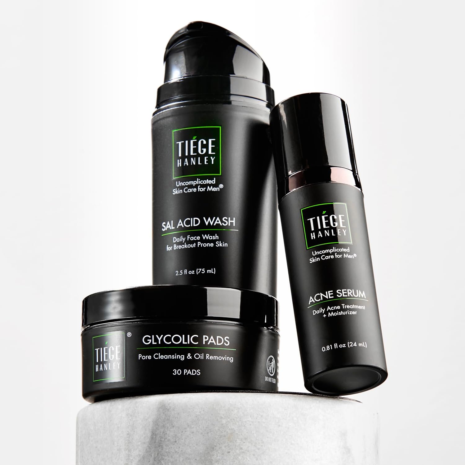 Tiege Hanley Acne Treatment Set for Men - Level 1 Skin Care System with Salicylic Acid & Glycolic Pads | 3-Piece Kit