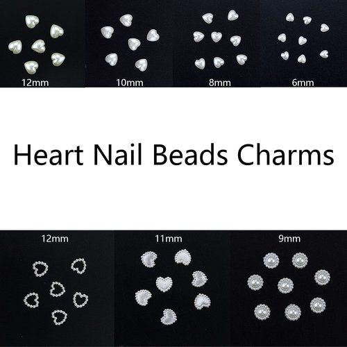 500 Pcs Creamy-white Pearls Heart Nail Charms Mixed Styles Flatback Heart Cute Assorted Pearls Heart Beads 3D Nail Art Charms Embellishments for Nail Art DIY Crafts Accessories