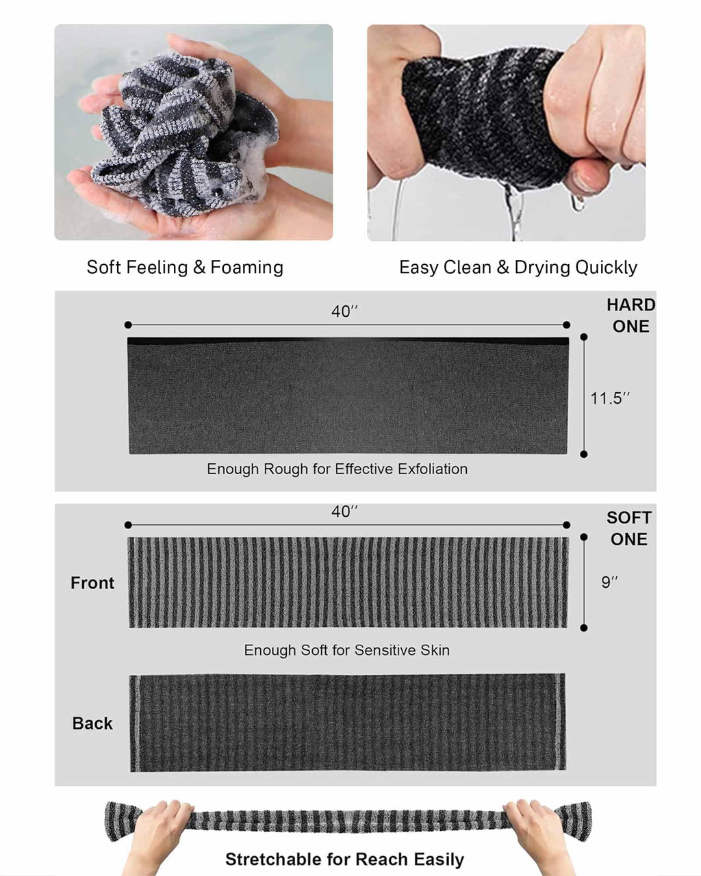 Yiclick 2 Pack Exfoliating Washcloth Towel - Body Scrubber Exfoliator, Loofah Sponge, Korean & Japanse & African Net Sponge Rag - Back Scrubber Washer for Use in Shower Bath