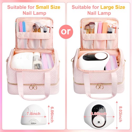 Veirdro Nail Polish Organizer Bag Holds 80 Bottles (15ml/0.5fl.oz)& Nail Lamp, Soft Velvet Nail Kit Storage Carrying Case with Shoulder Strap, Double Layer Nail Supplies Organizer Handbag Women (Pink)
