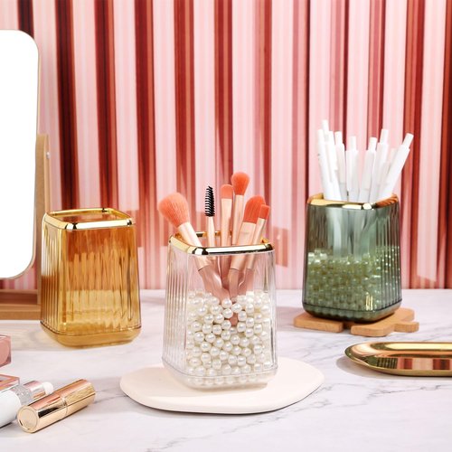 RAMFIYN Gold Clear Makeup Brush Holder, Vintage Cosmetic Beauty Organizers Cup for Vanity, Lip Pencil Holder Vintage Lipstick Holder - Green