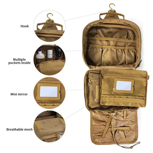 HJOKLS Tactical Toiletry Bag for Men, Travel Hanging Toiletry Bags, Toiletries Organizer Dopp Kit, Travel Cosmetic Bag,Shaving Hygiene Bag, Bathroom Essentials Men's Toiletry Bag for Camping - Khaki