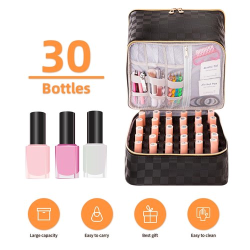KGMCARE Portable Nail Polish Organizer Bag with UV Light Case - Holds 30 Bottles and 1 UV Nail Lamp, Double-Layers Nail Dryer Case for Gel Nail Polish Kit, Nail Art Decorations（Checkered Black）