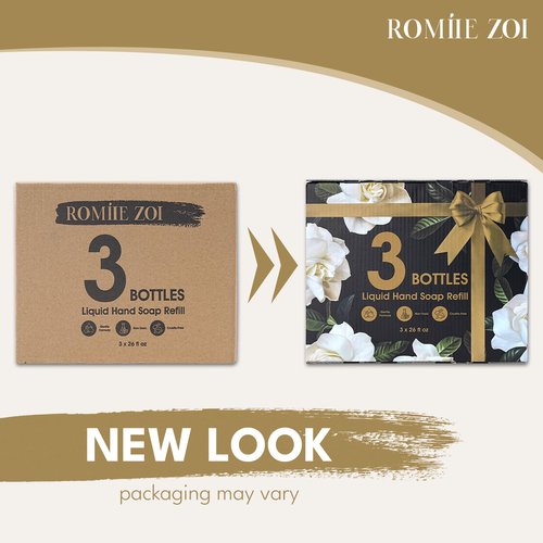 ROMIIE ZOI Hand Soap Refills, Gardenia Liquid Hand Soap, Large 750 ML / 26 FL OZ Bottles (Pack of 3), Gentle & Moisturizing Formula, Natural & Cruelty-Free for Kitchen and Bathroom Soap Dispensers