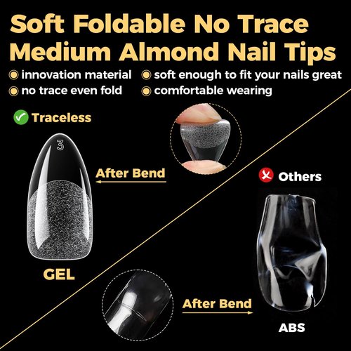 UNA GELLA Almond Gel Nail Tips 600 Pcs Pre Etched Medium Almond Shaped Nails Full Cover Press On Nails 12 Sizes Clear Fake Soft Gel Tips for Flat & Curved Nail Bed Extension Home DIY Salon