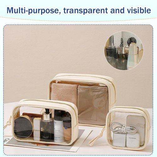 lllyan 3-Piece Travel Makeup Bag Clear Waterproof Toiletry Bag Set Large, Medium Small Sizes Travel Toiletry Organizer Pouch Cosmetic Storage for Bathroom (Beige)